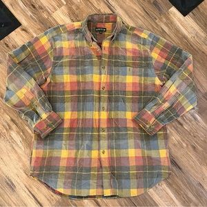 Mens orvis outdoor corduroy plaid button up shirt sz L yellow blue
